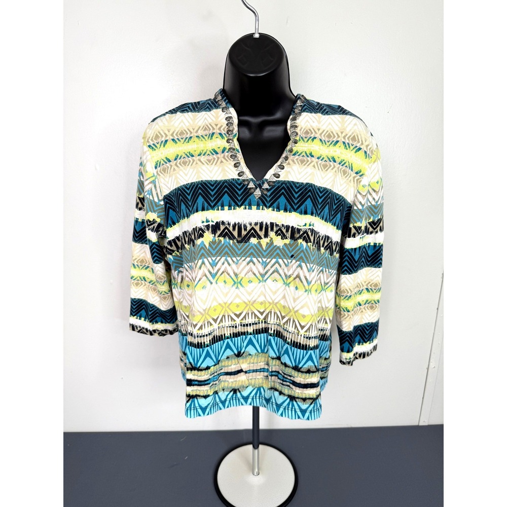 Ruby Rd Top Womens Petite Multi-Color Geometric Chevron 3/4 Sleeve Embellished
